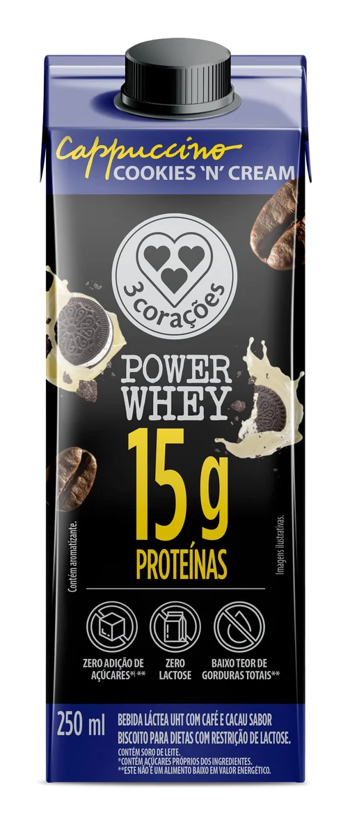 Cappuccino Power Whey 3 Corações Cookies 250 ml — embalagem