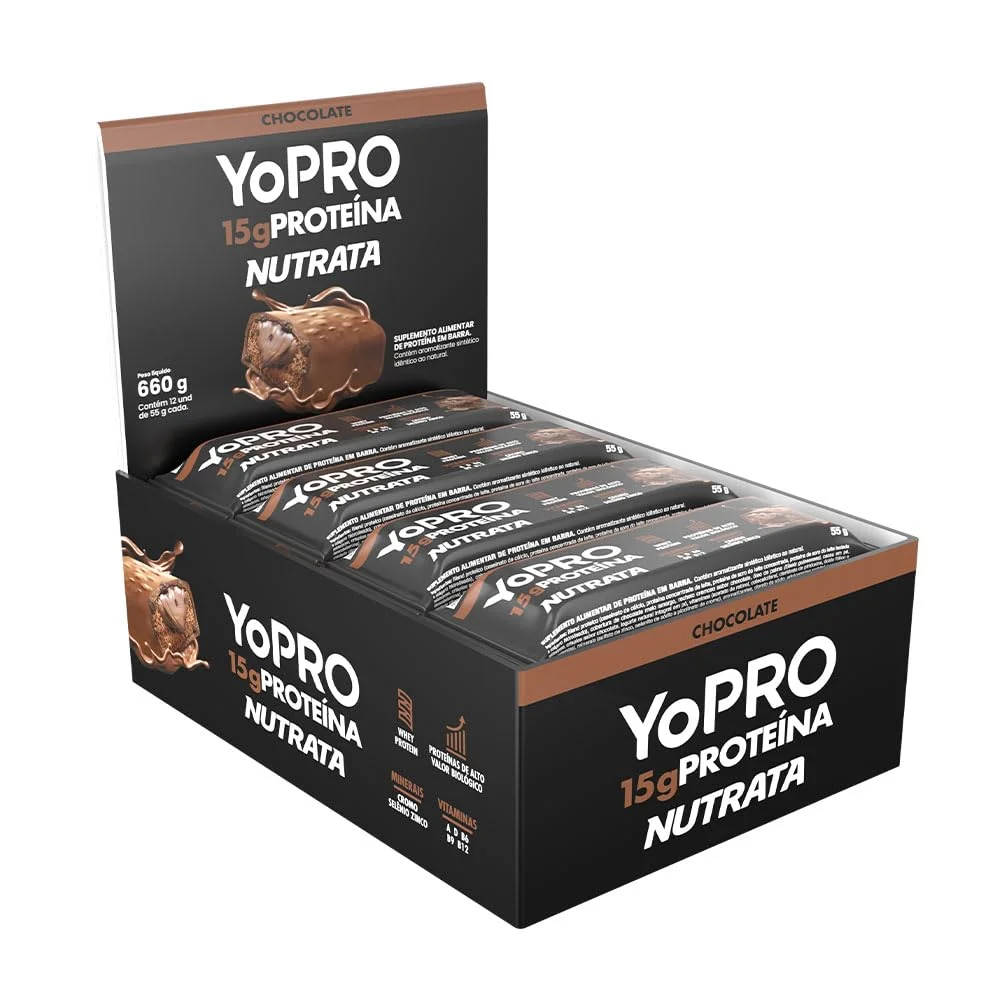 YoPRO Nutrata Chocolate 12 barras de 55 g — embalagem