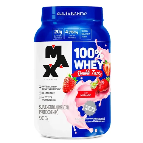 Max Titanium 100% Whey Double Tasty Morango 900g — embalagem