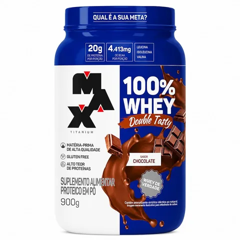 Max Titanium 100% Whey Double Tasty Chocolate 900g — embalagem
