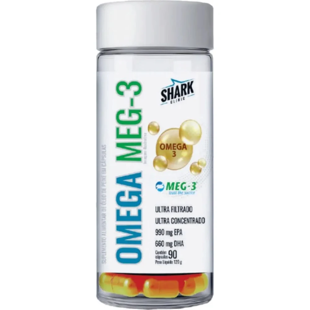 Embalagem de Ômega-3 Meg-3 Shark Clinic 90 cápsulas