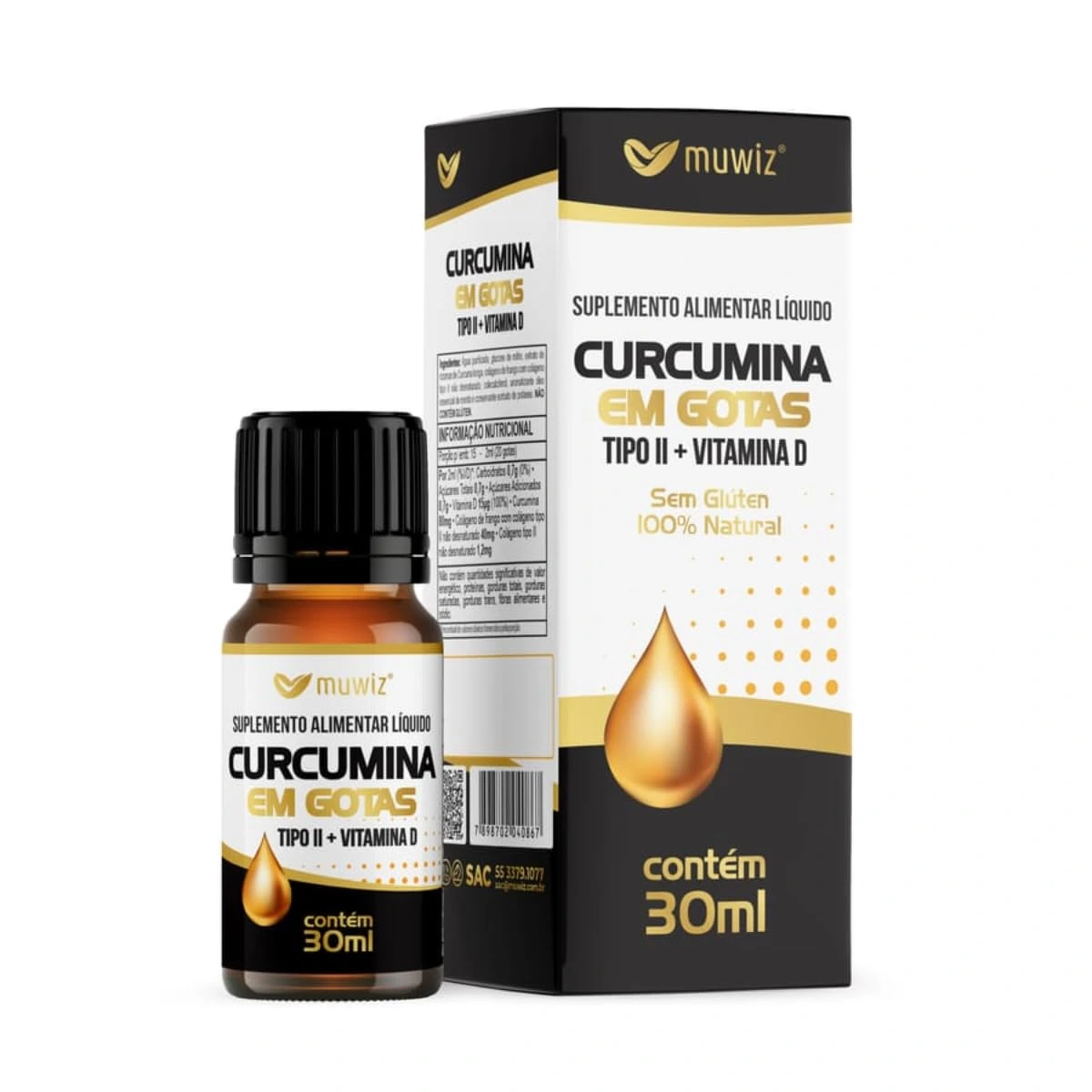 Curcumina com Colágeno Tipo II e Vitamina D Muwiz 30 ml — embalagem