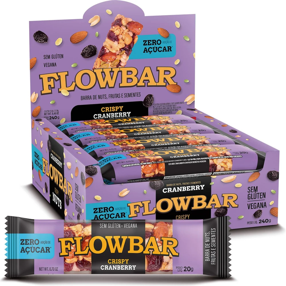 Embalagem de Flowbar Crispy Cranberry Zero Açúcar display 12 × 20 g