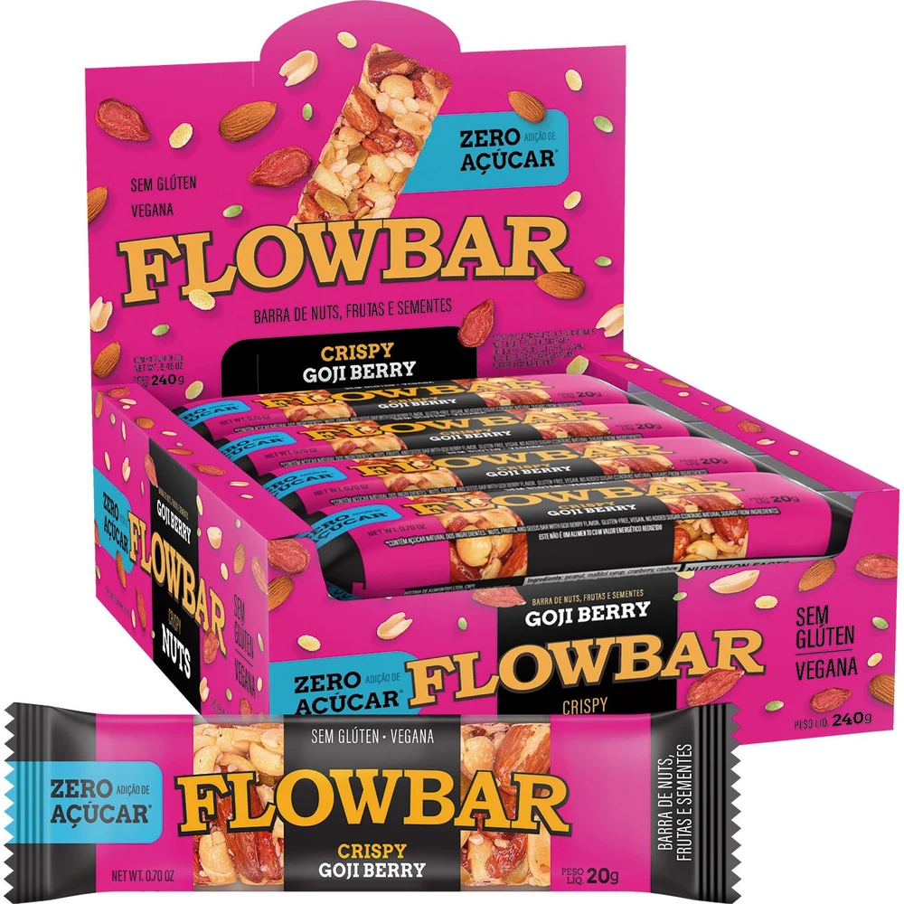 Embalagem de Flowbar Crispy Goji Berry Zero Açúcar display 12 × 20 g