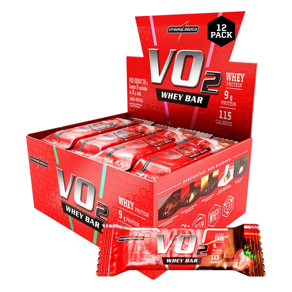 Vo2 Protein Bar morango Caixa C/12 Integralmédica 12 × 30 g — embalagem
