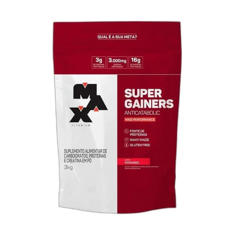 Super Gainers Refil morango Max Titanium, 3 kg — embalagem