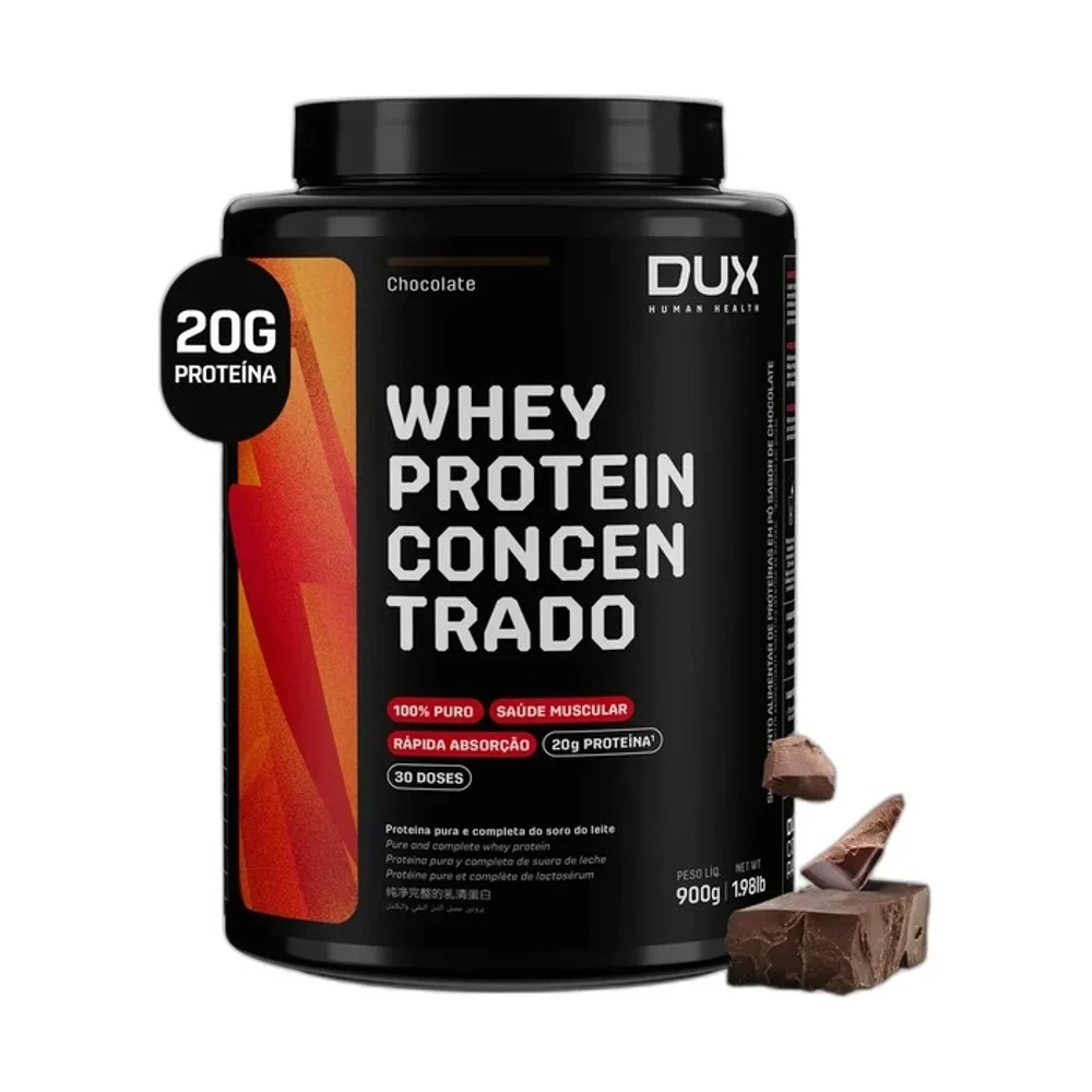 Whey Protein Concentrado chocolate 900 g DUX — embalagem