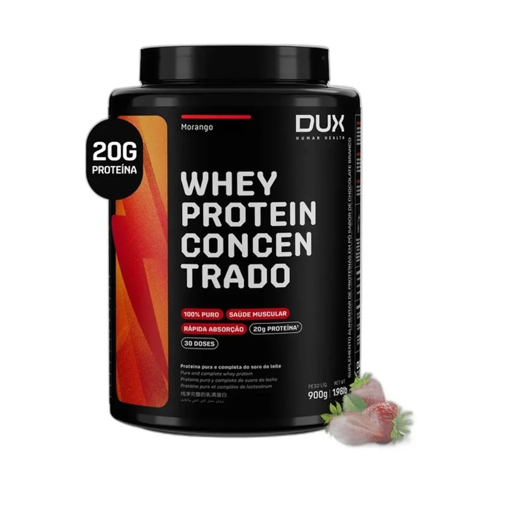 Whey Protein Concentrado morango 900 g DUX — embalagem