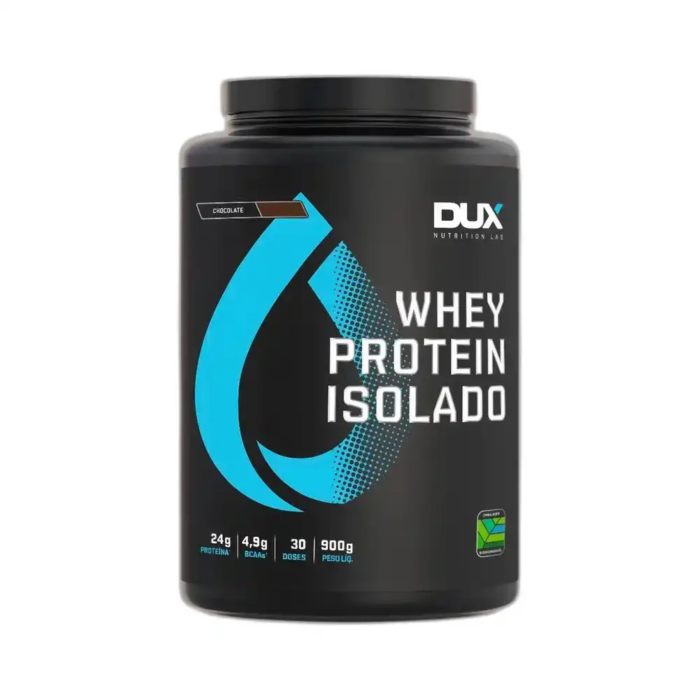 Whey Protein Isolado chocolate 900 g DUX — embalagem