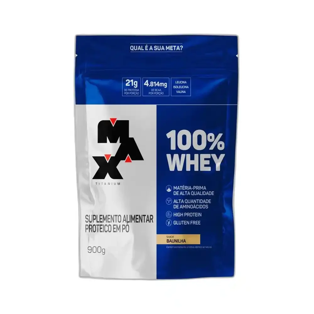 100% Whey Refil baunilha Max Titanium, 900 g — embalagem