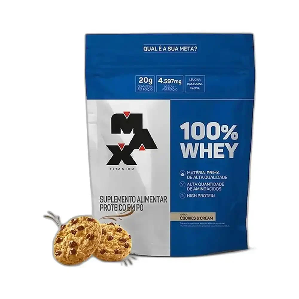 100% Whey Refil Cookies e Cream Max Titanium, 900 g — embalagem