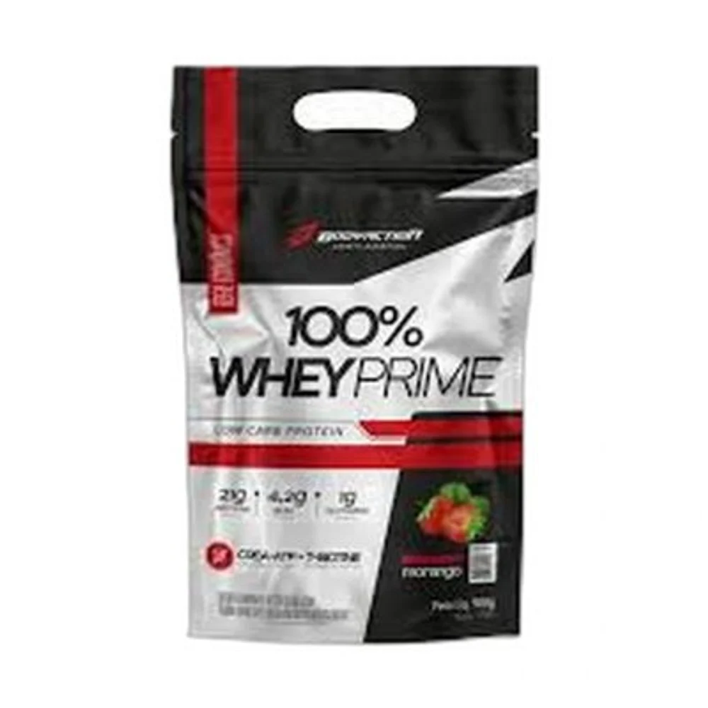100% Whey Prime 900 g morango Refil Body Action — embalagem