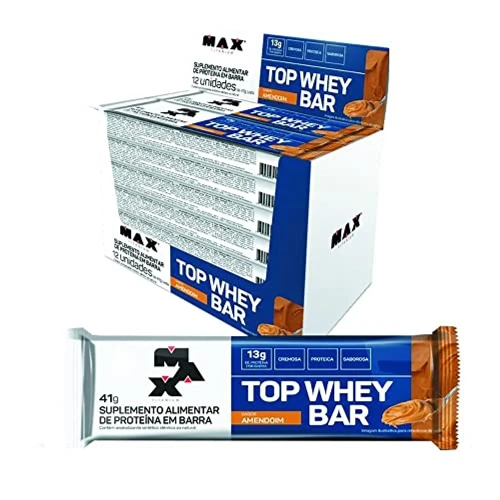 Top Whey Bar amendoim Max Titanium 12 × 41 g — embalagem