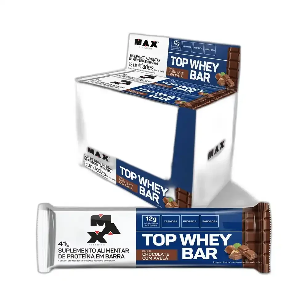 Top Whey Bar chocolate com avelã Max Titanium, 12 × 41 g — embalagem