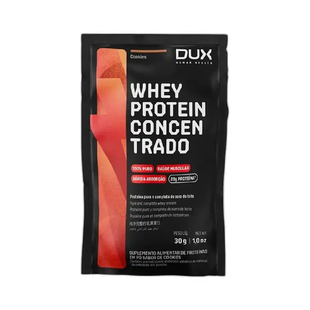 Whey Protein Concentrado Cookies sachê DUX, 30 g — embalagem