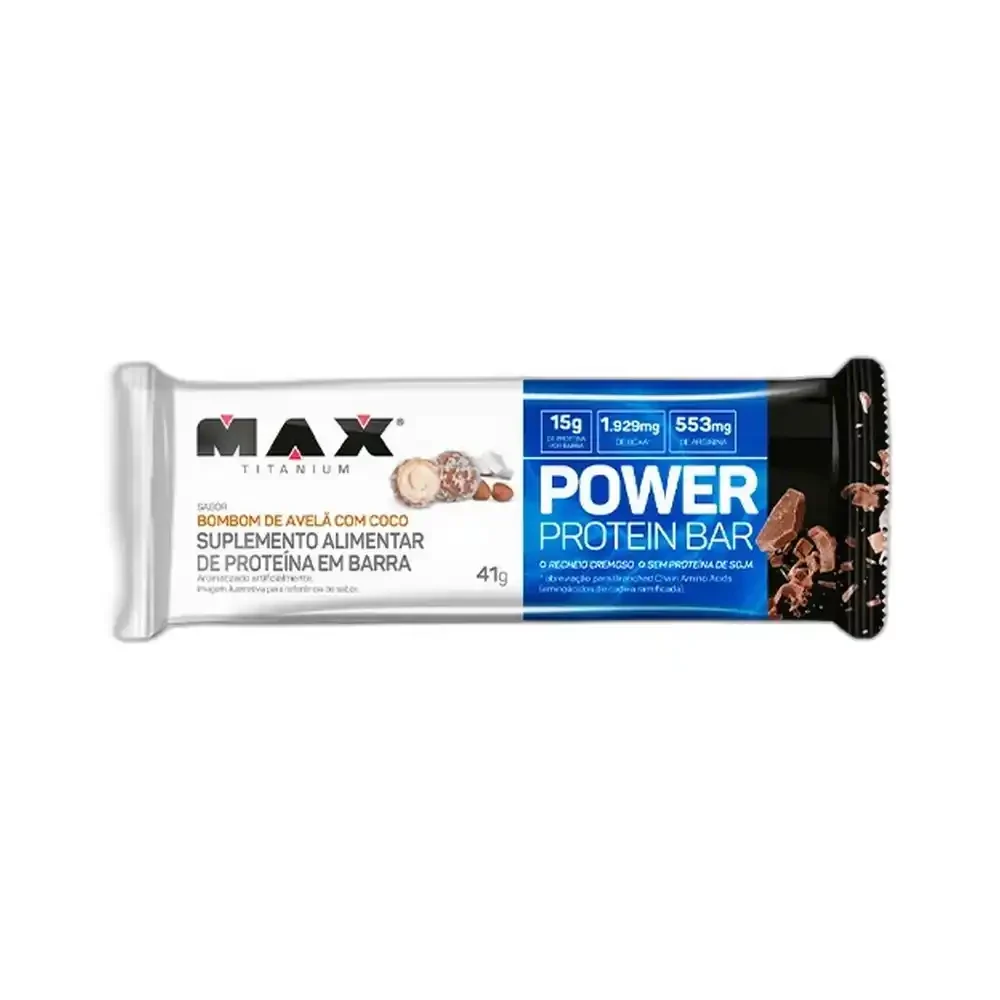Power Protein Bar Bombom de avelã com Coco Max Titanium, 41 g — embalagem