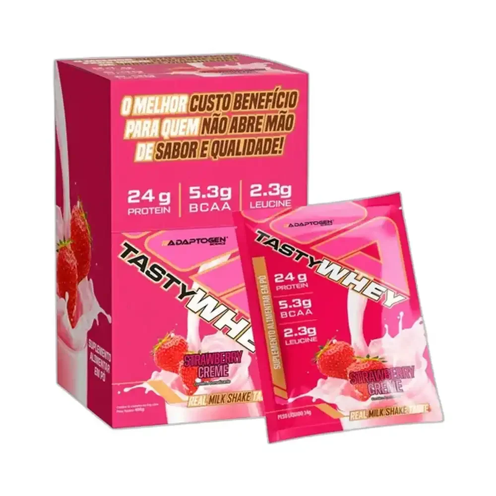 Packet Tasty Whey morango Adaptogen, 12 × 34 g — embalagem