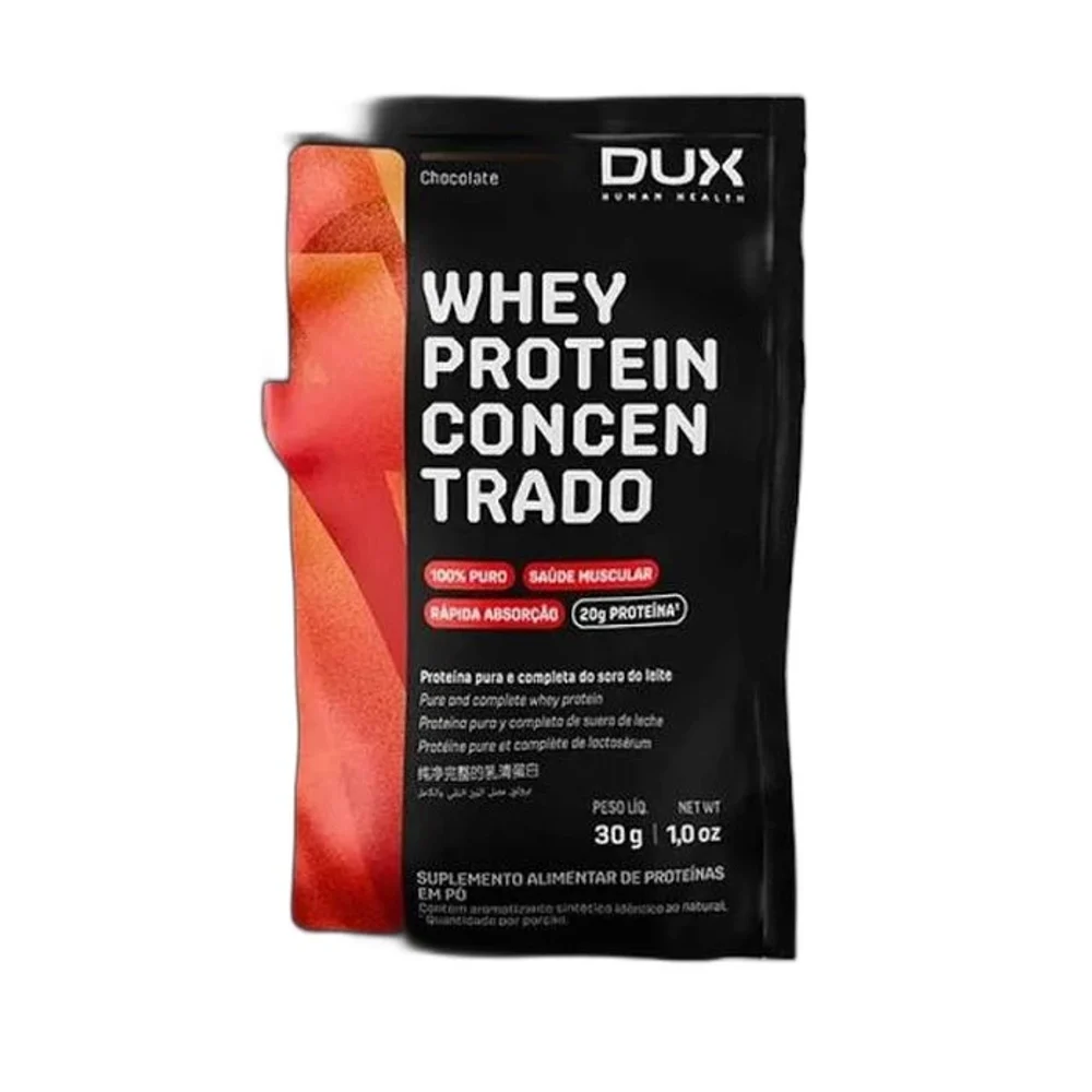 Whey Protein Concentrado chocolate sachê DUX, 30 g — embalagem