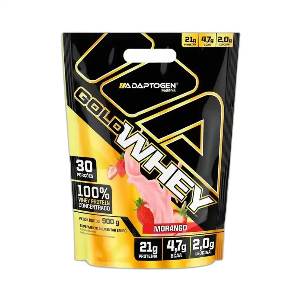 Gold Whey Refil morango Bag Adaptogen, 900 g — embalagem