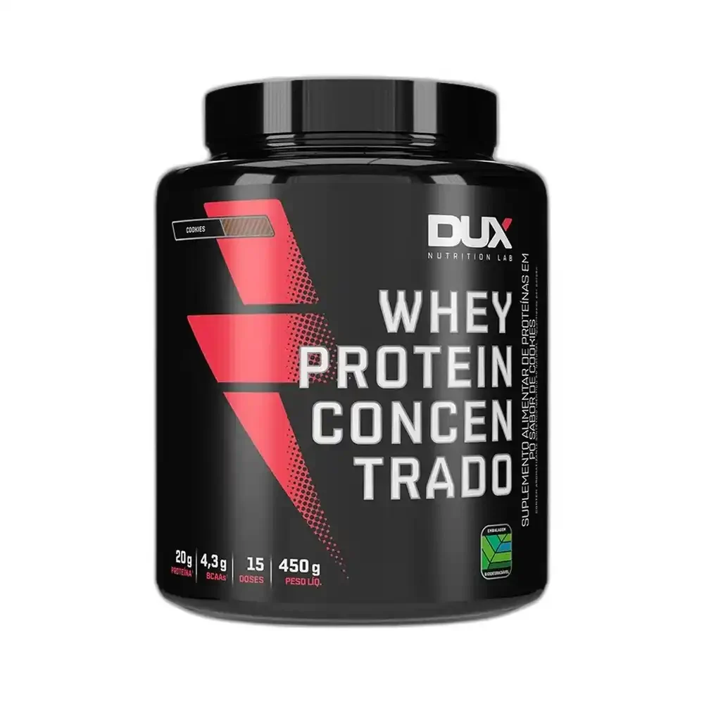 Whey Protein Concentrado chocolate 450 g DUX — embalagem