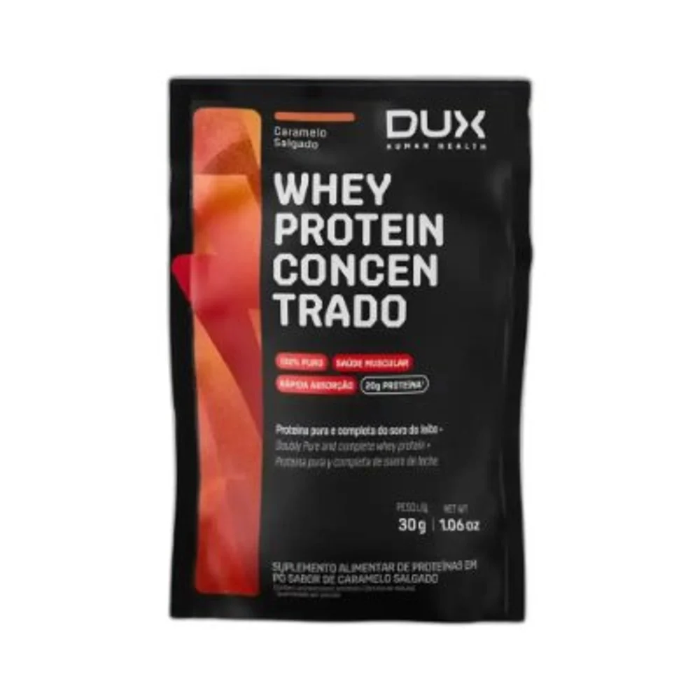 Whey Protein Concentrado sachê caramelo Salgado DUX — embalagem