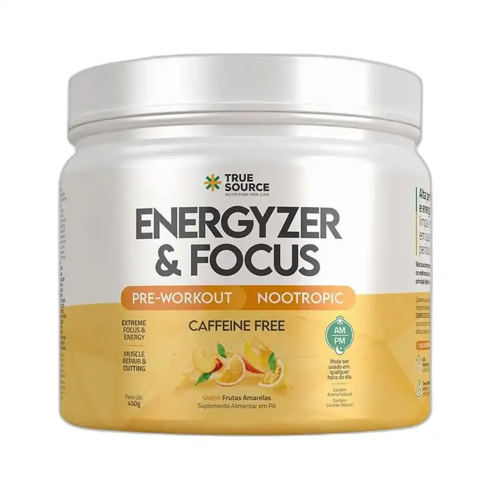 True Energyzer e Focus frutas amarelas sem cafeína True Source, 300 g — embalagem