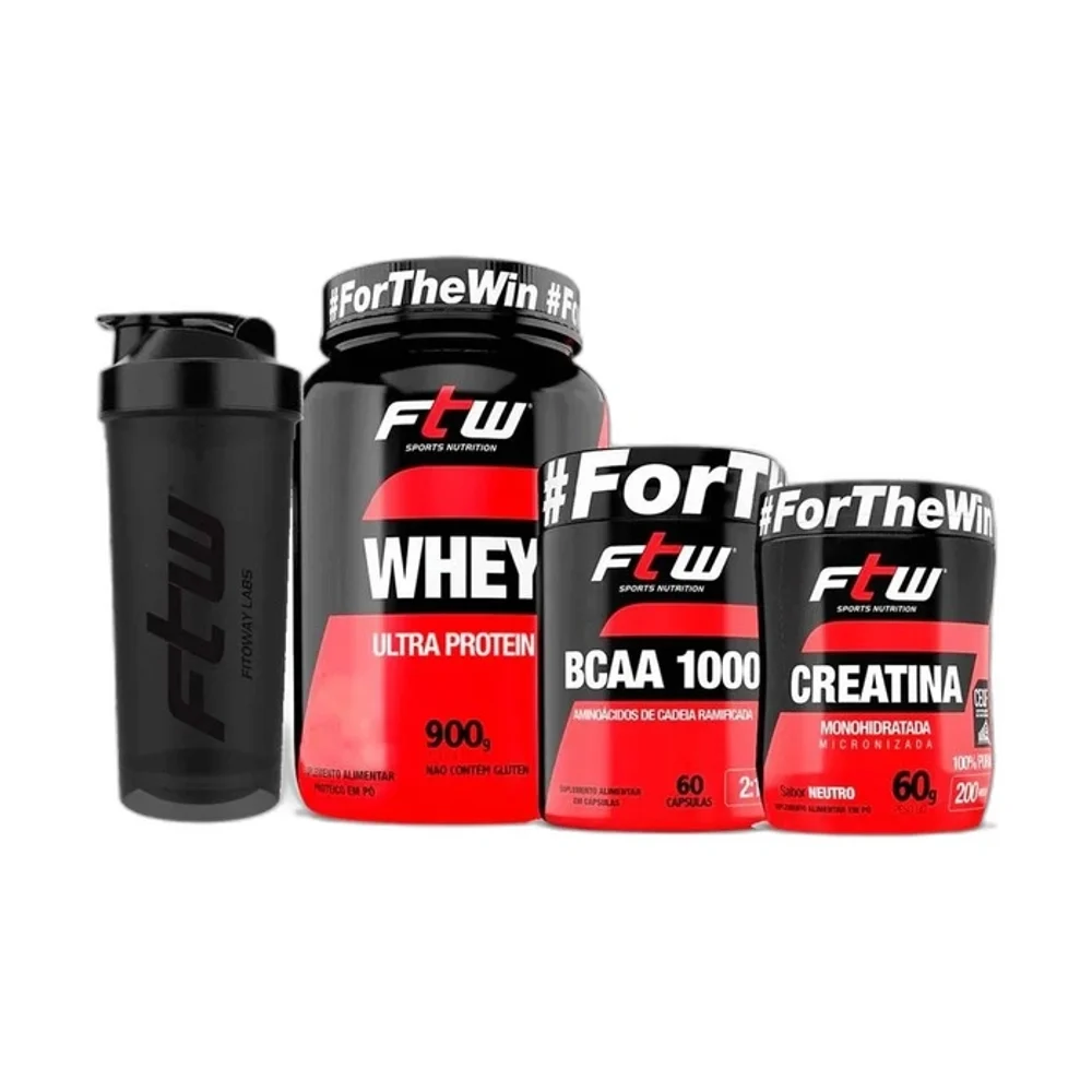 Kit Whey Ultra Protein Morango, BCAA e Creatina FTW — embalagem