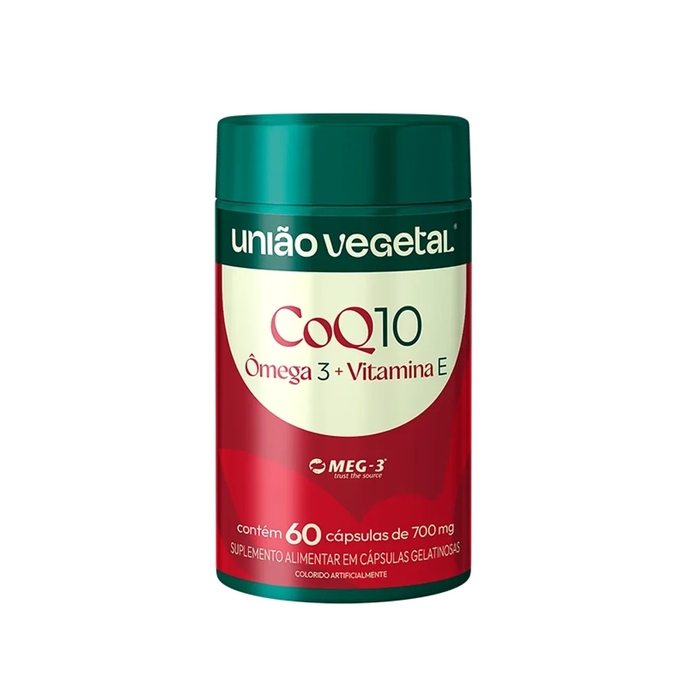 Coenzima Q10 com Ômega 3 e Vitamina E União Vegetal 60 cápsulas — embalagem