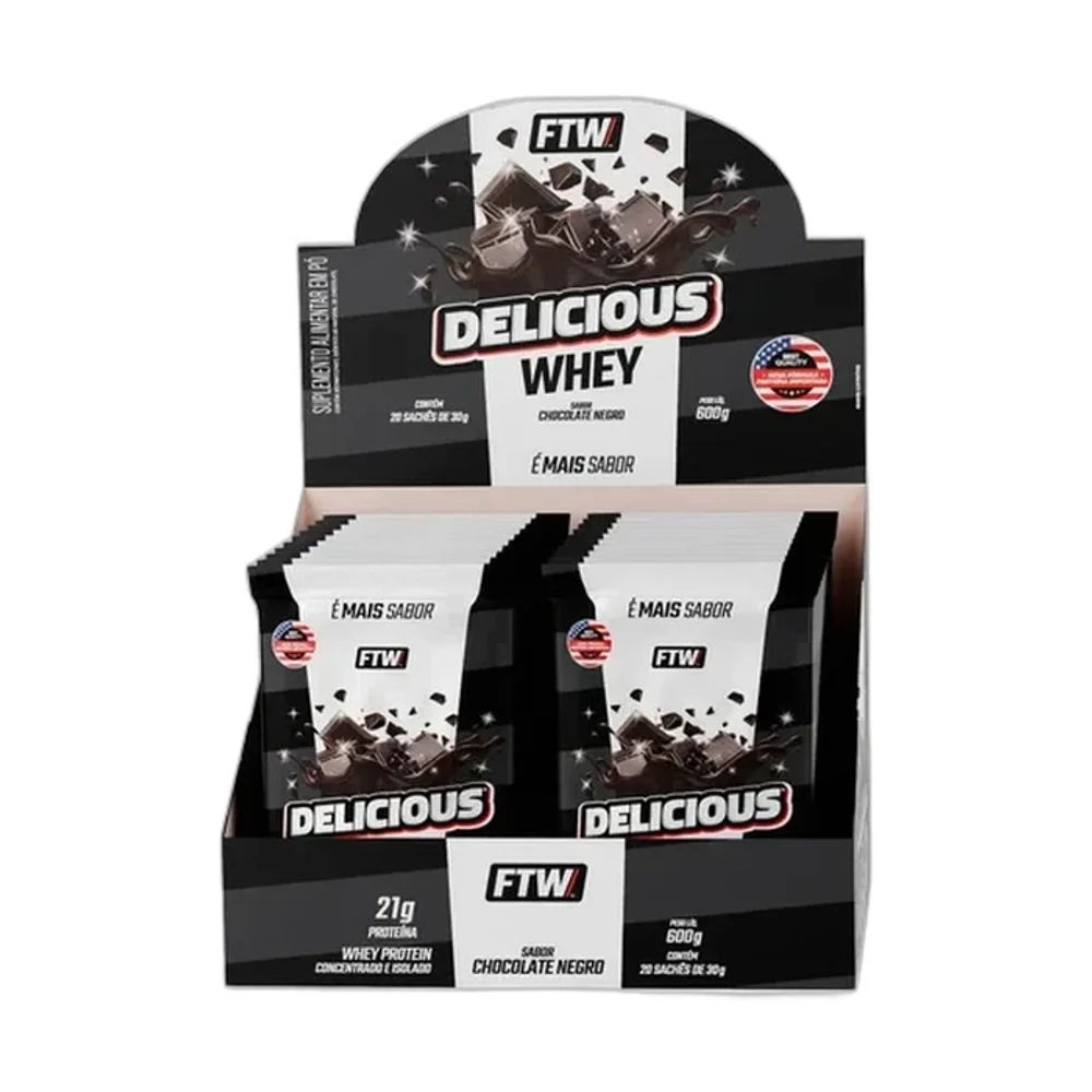 FTW Delicious Whey chocolate Negro 20x30g, 20 × 30 g — embalagem