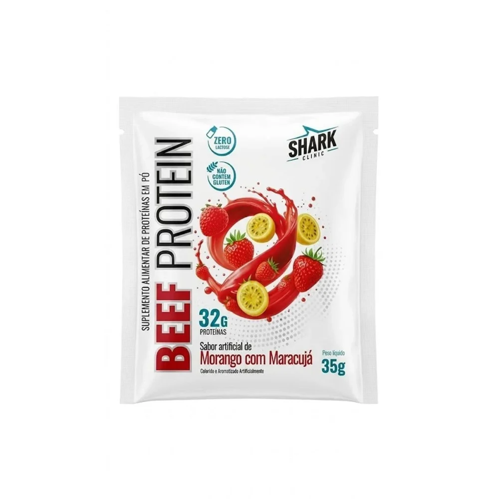 Shark sachê Whey Beef morango e maracujá 35 g Shark Pro — embalagem
