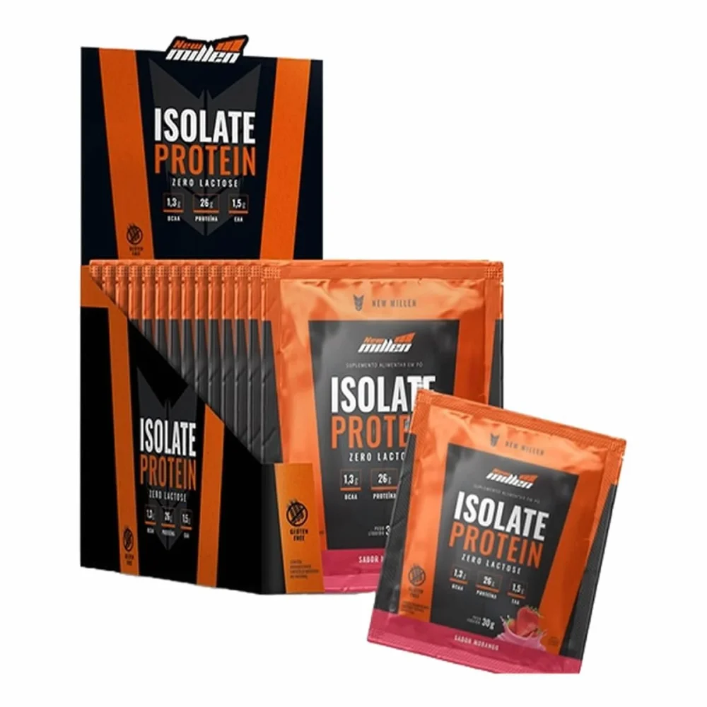 Isolate Protein Morango New Millen 15 × 30 g — embalagem