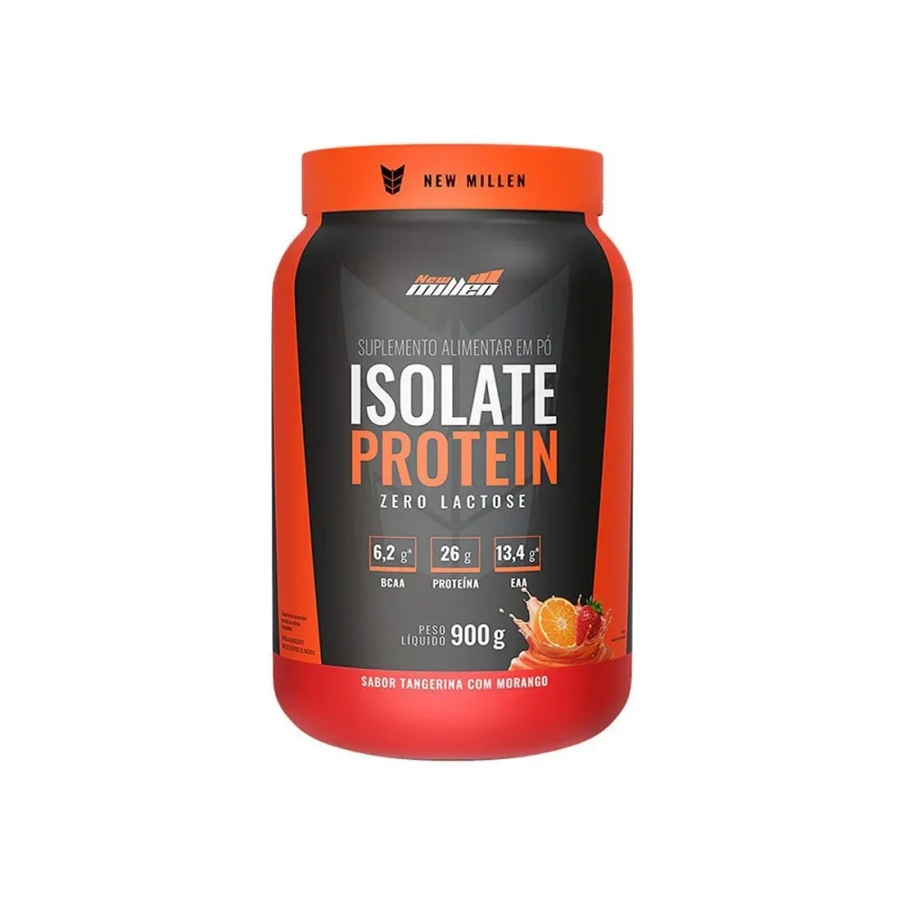 New Millen Isolate Protein tangerina C/ morango 900 g Pote — embalagem