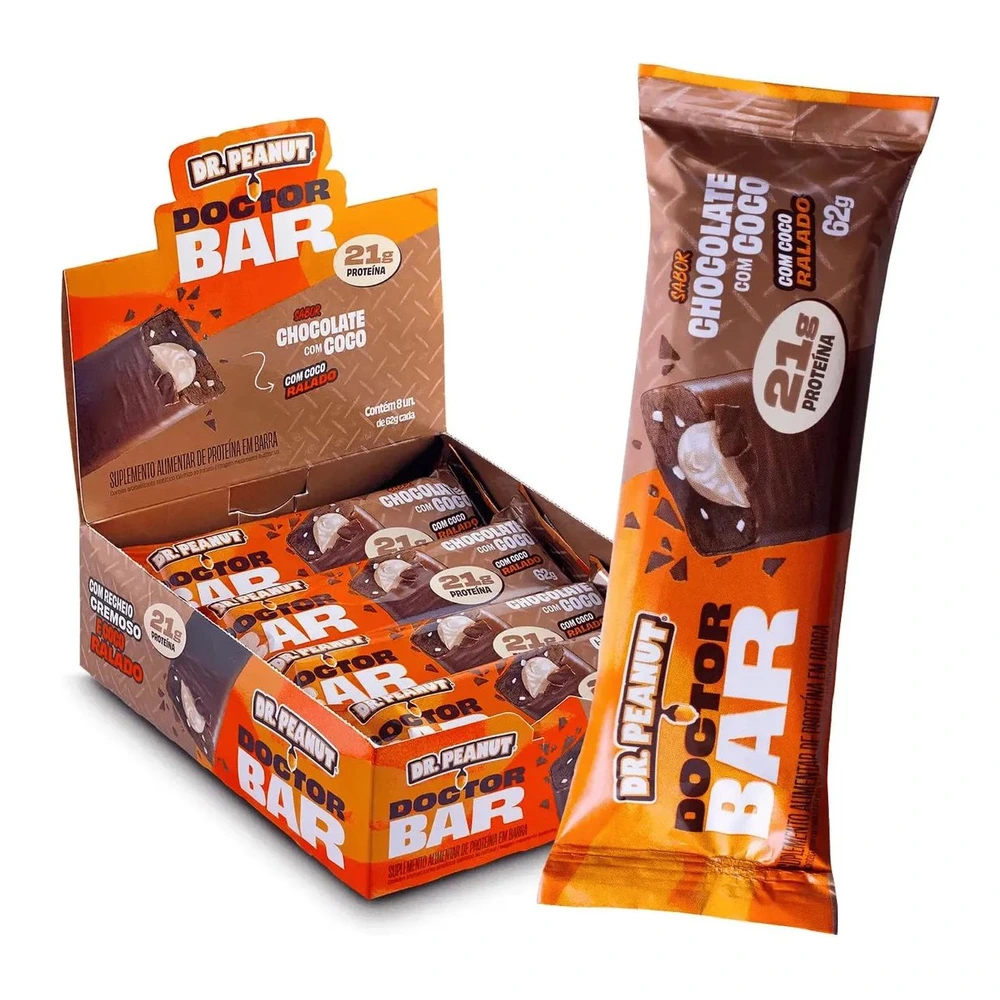 Doctor Bar Chocolate com Coco — caixa com 8 unidades de 62 g