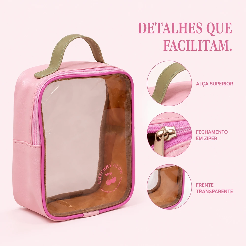 Nécessaire Rosa com Detalhes Verdes Cherry Glow, 1 unidade