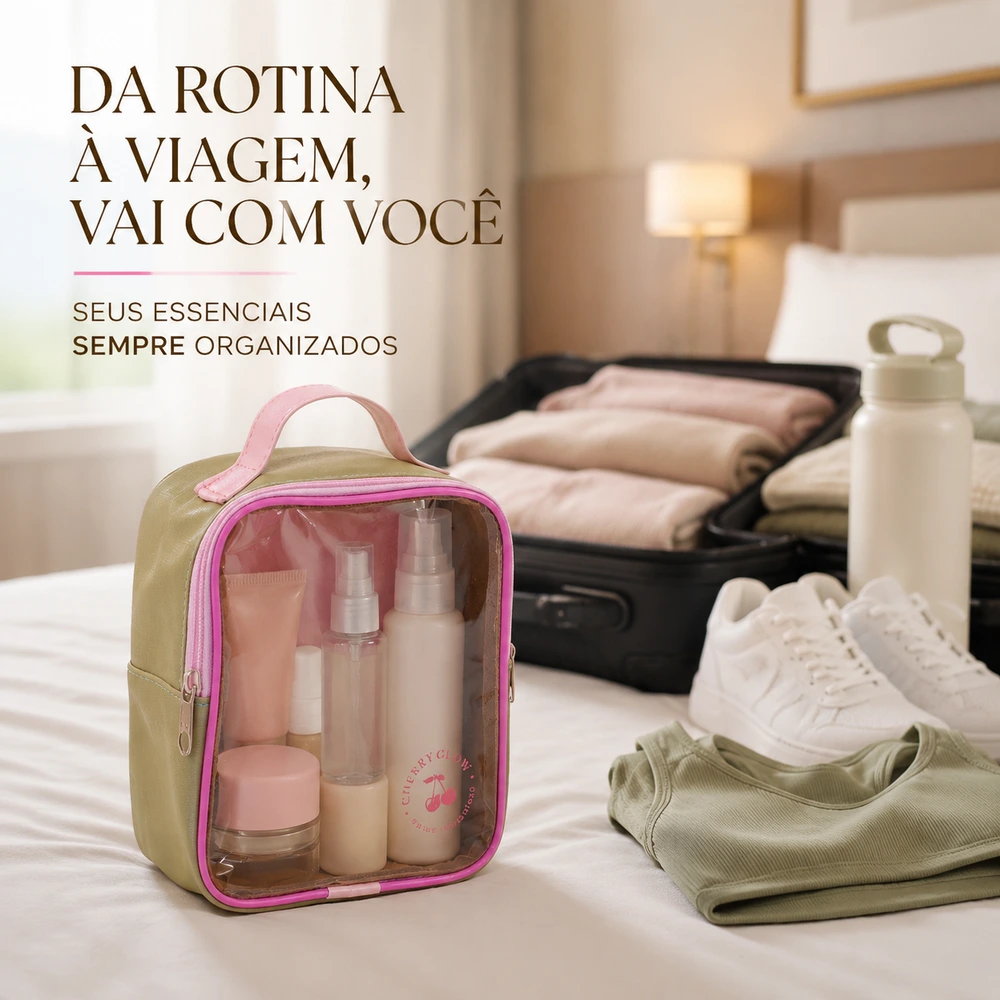 Nécessaire Verde com Detalhes Rosa Cherry Glow, 1 unidade
