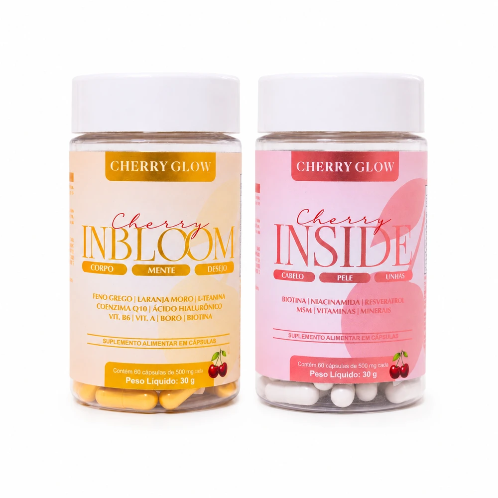 Kit Cherry Glow InBloom + Inside, 60 cápsulas cada — embalagem principal